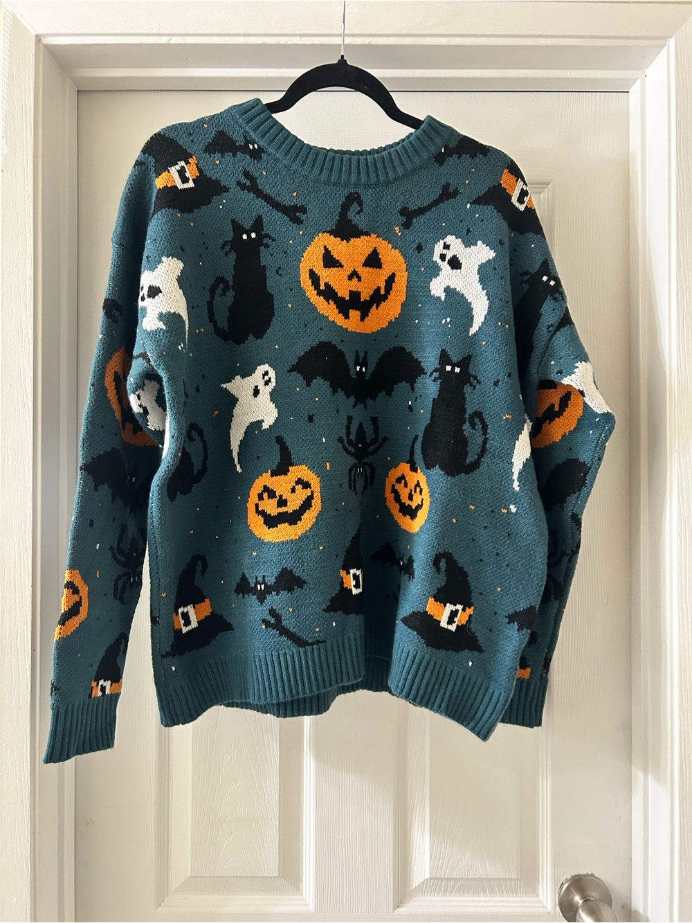 Halloween Pumpkin & Cat Sweater - Teal